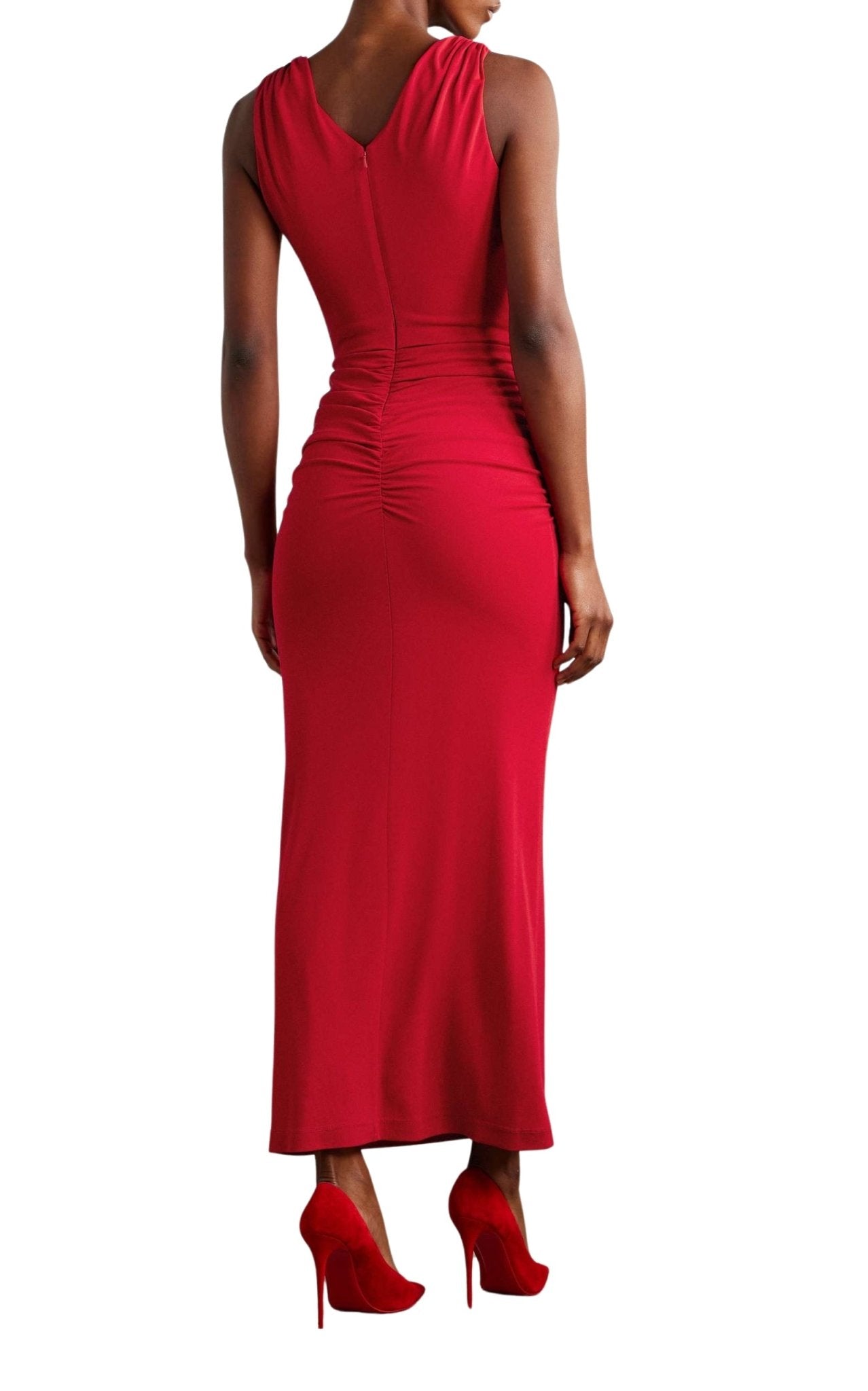 Back view of Carolina Herrera ruched maxi dress with concealed zip closure
