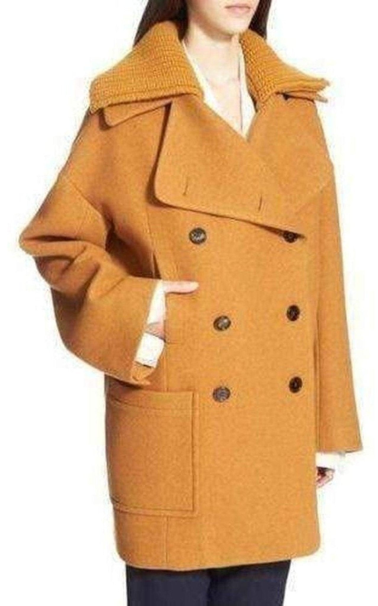 Chloe Rib Knit Collar Double Breasted Wool Coat - Runway Catalog