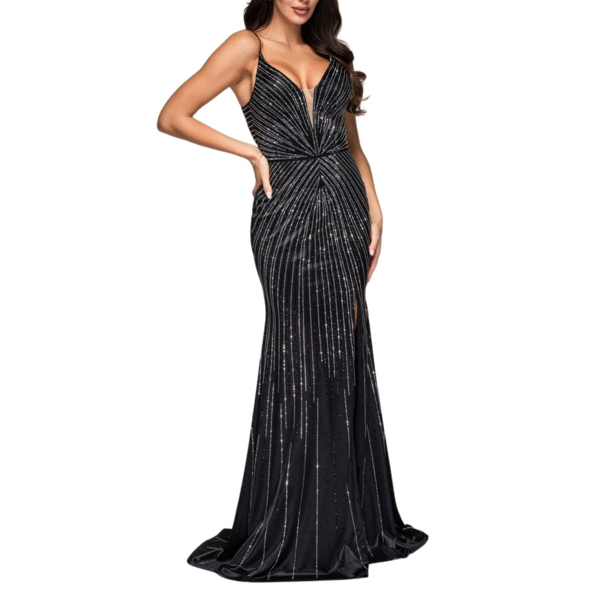 Black Rhinestone V-Plunge Mermaid Evening Gown 6