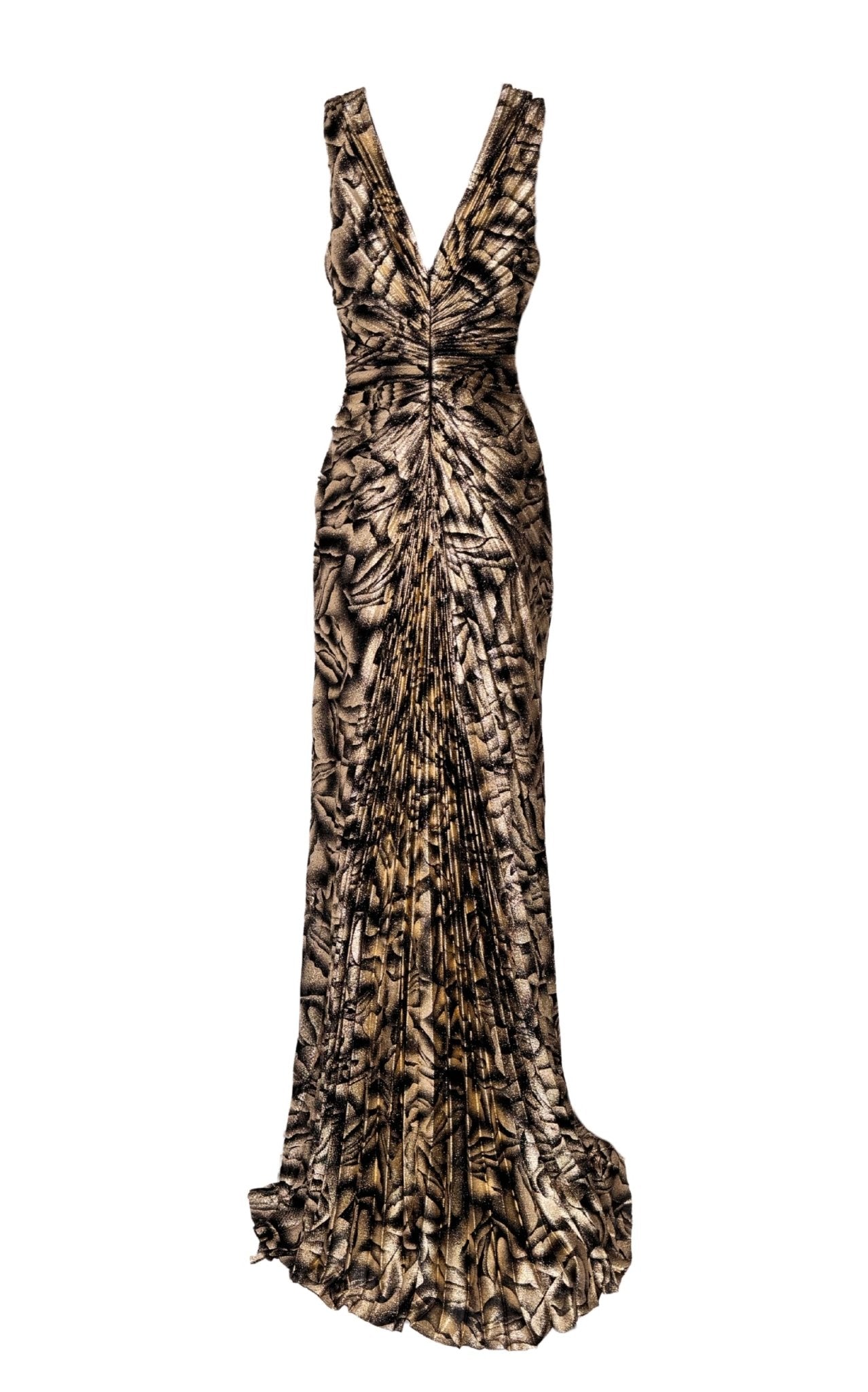 Cult Moda Black Rose Print Gold Shimmer Pleated Prom Dress - Runway Catalog