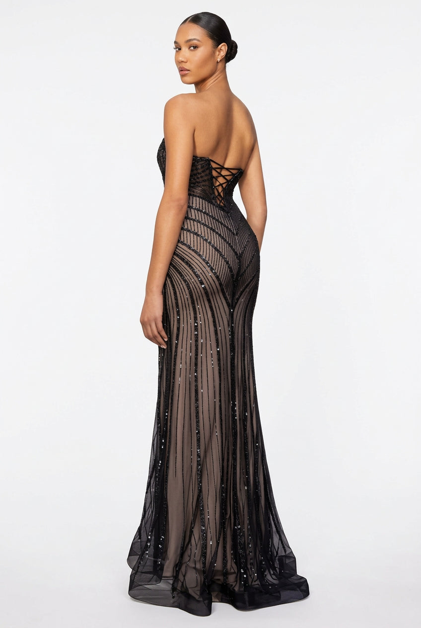 Cult Moda Black Strapless Beaded Fitted Dress Corset Bodice Maxi Formal Gown Dress - Runway Catalog