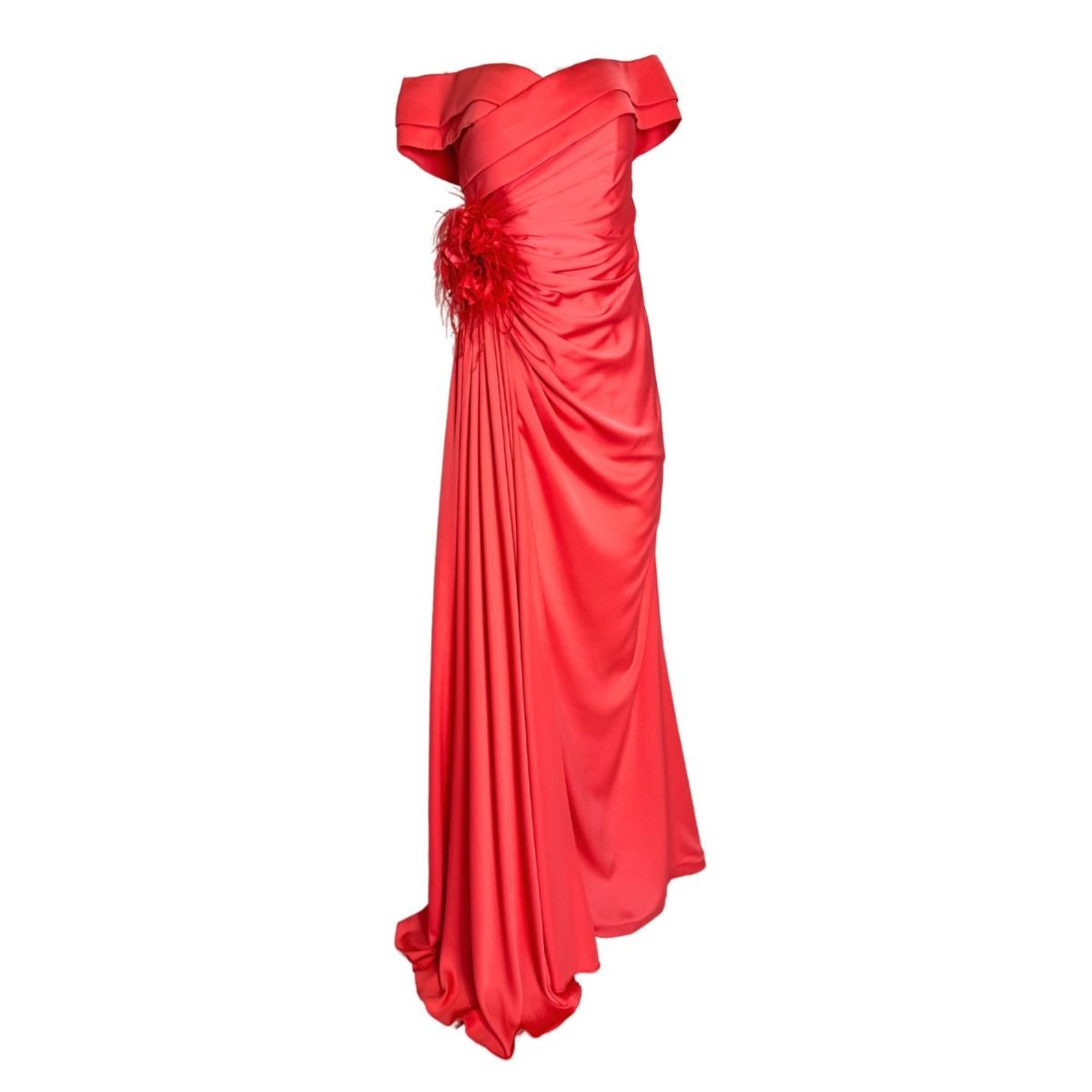 Cult Moda Coral Off - Shoulder Boat Neck Cocktail Prom Dress - Runway Catalog