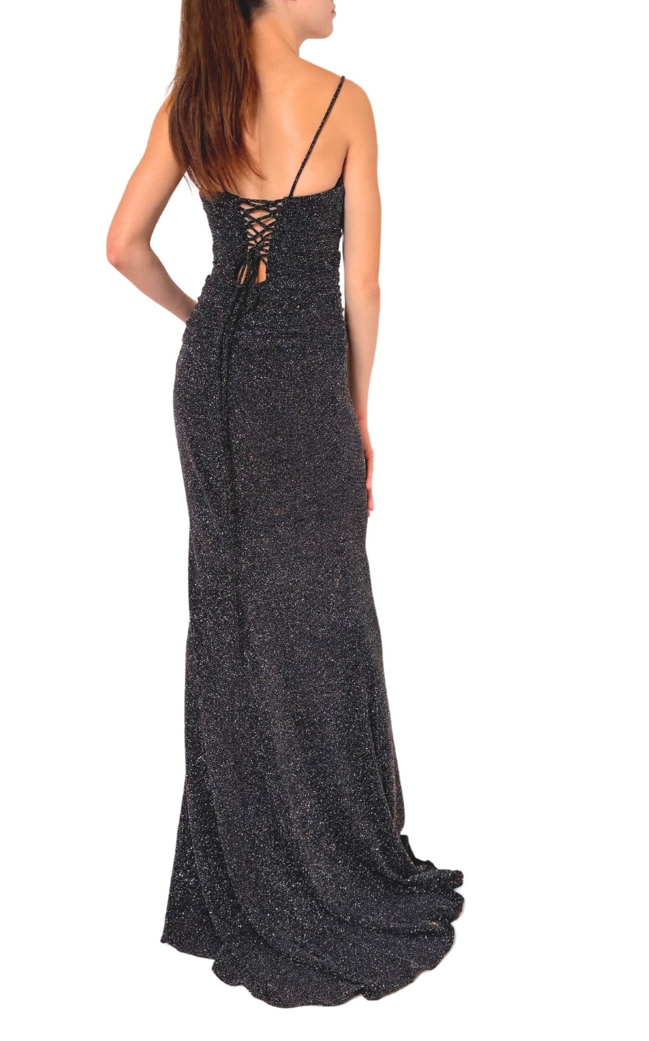 Cult Moda Criss Cross Open Back Black Shimmer Prom Dress - Runway Catalog