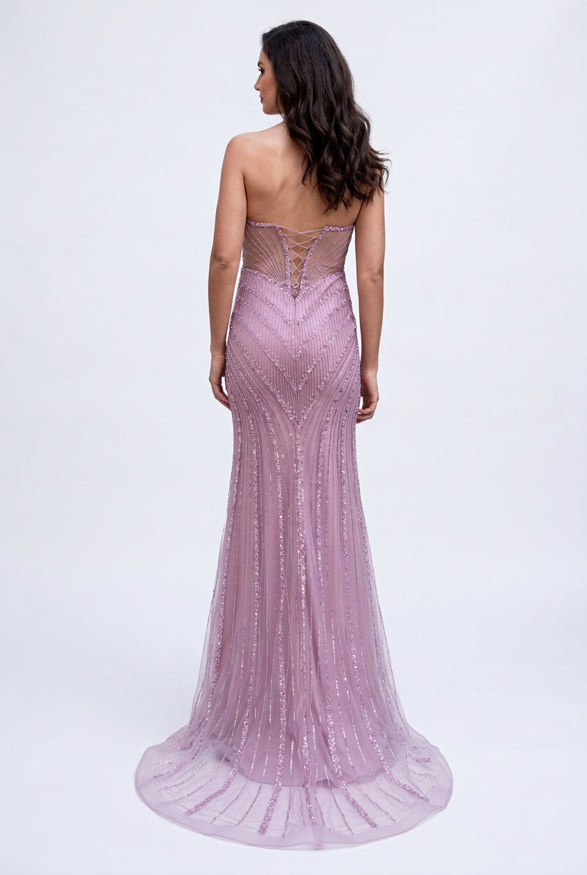 Cult Moda Formal Pink Dress V Plunge Neckline Strapless Beaded Fitted Dress - Runway Catalog