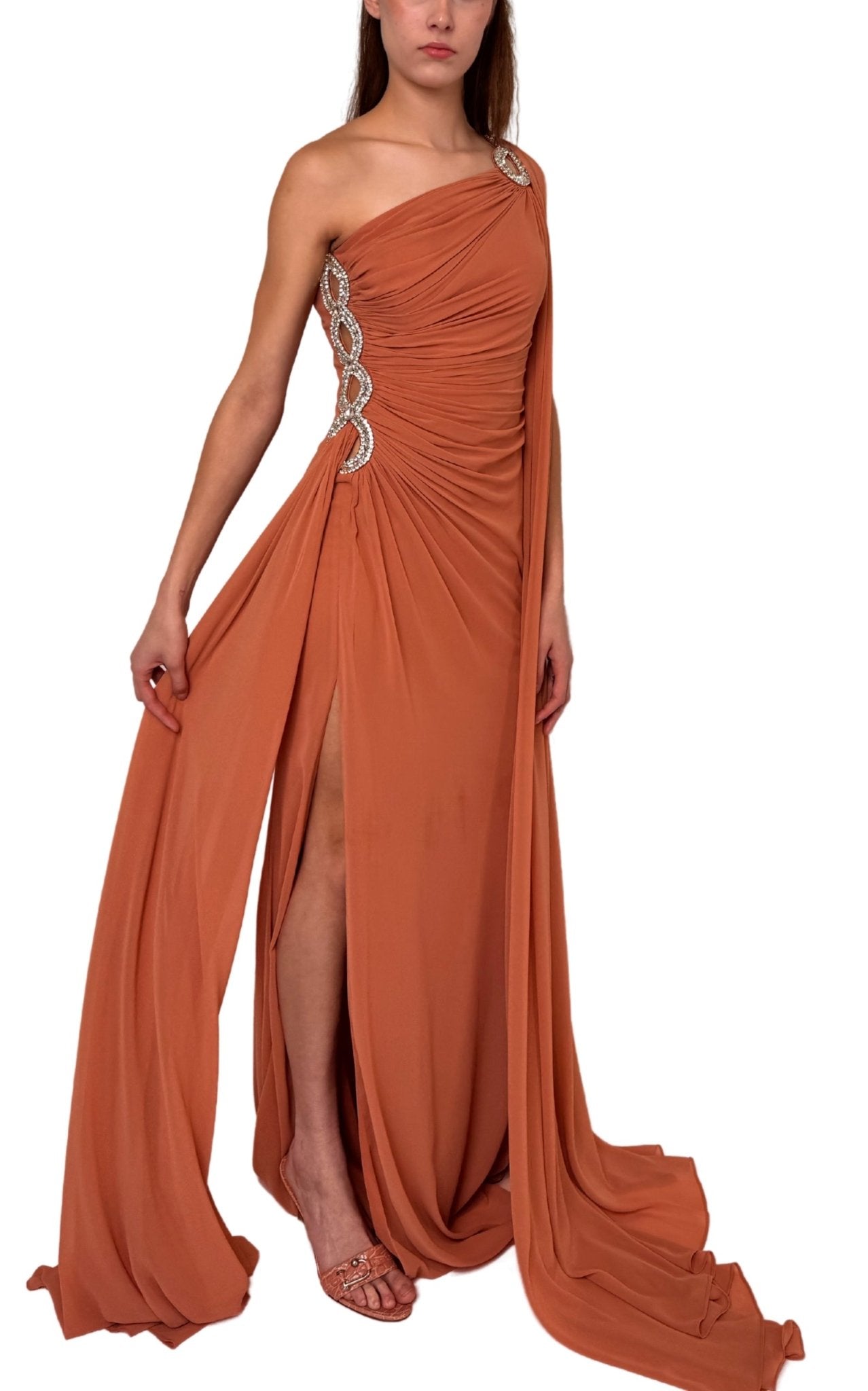 Cult Moda One Shoulder Beaded Gown in Brown - Runway Catalog