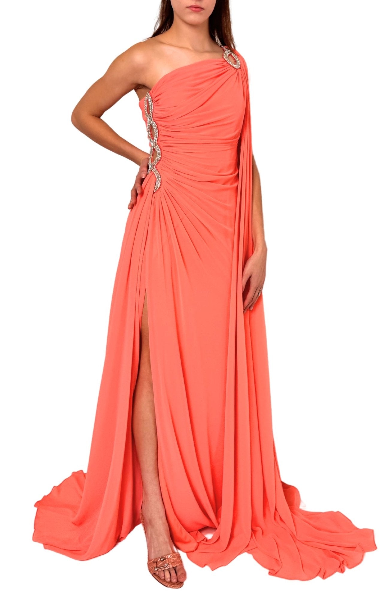 Cult Moda One Shoulder Beaded Gown in Coral - Runway Catalog