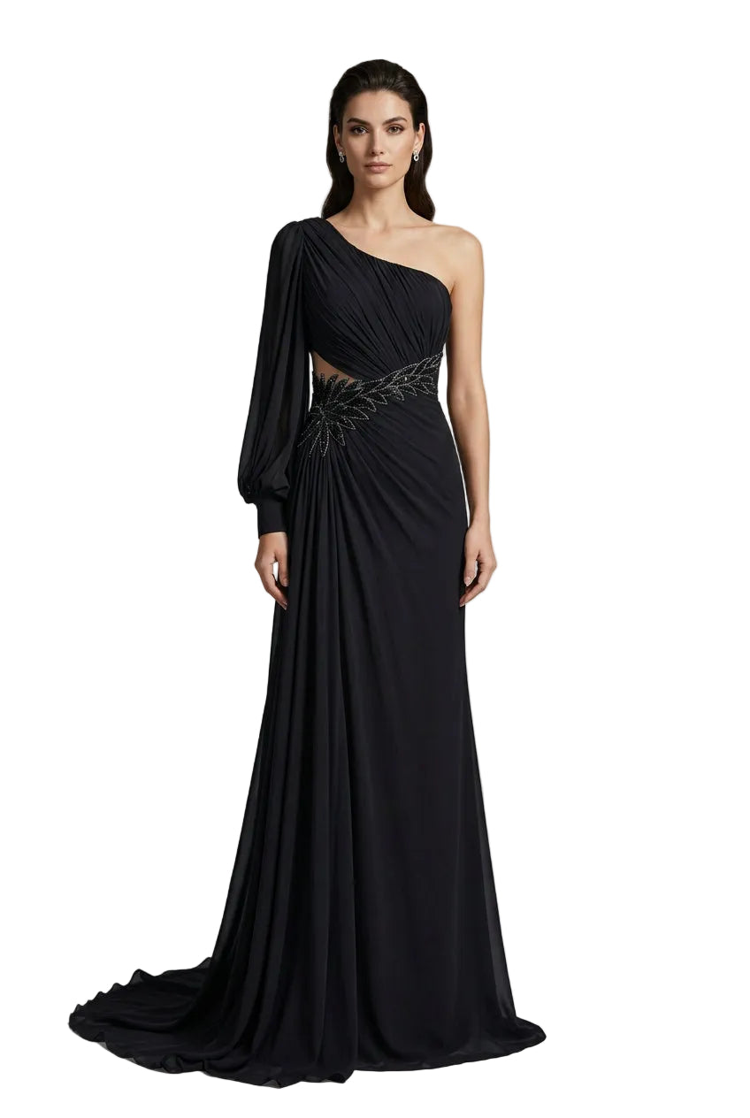 Cult Moda One - Shoulder Long Sleeve Chiffon Gown - Runway Catalog