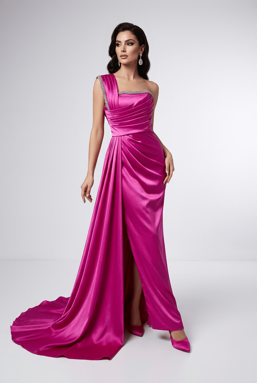A woman modeling a floor-length magenta satin gown with a draped one-shoulder neckline, gathered waist, and a slight train on a light gray studio background.