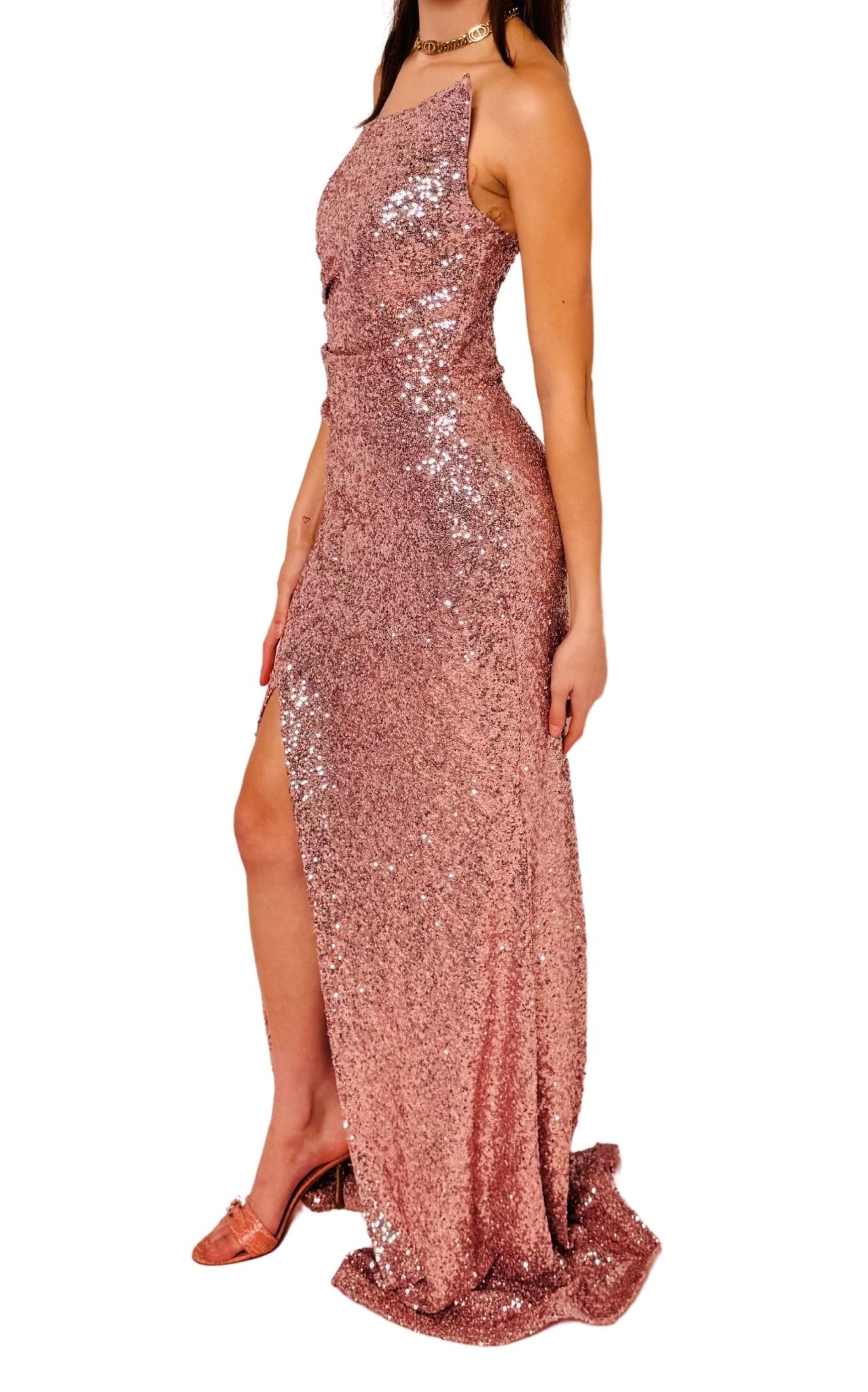 Cult Moda Rose Gold Sequin Asymmetric Bustier Cocktail Prom Dress - Runway Catalog