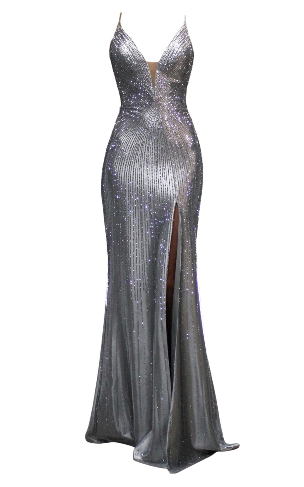 Cult Moda Silver Formal Dress with Rhinestone V Plunge Neckline Fitted Mermaid Leg Split - Runway Catalog