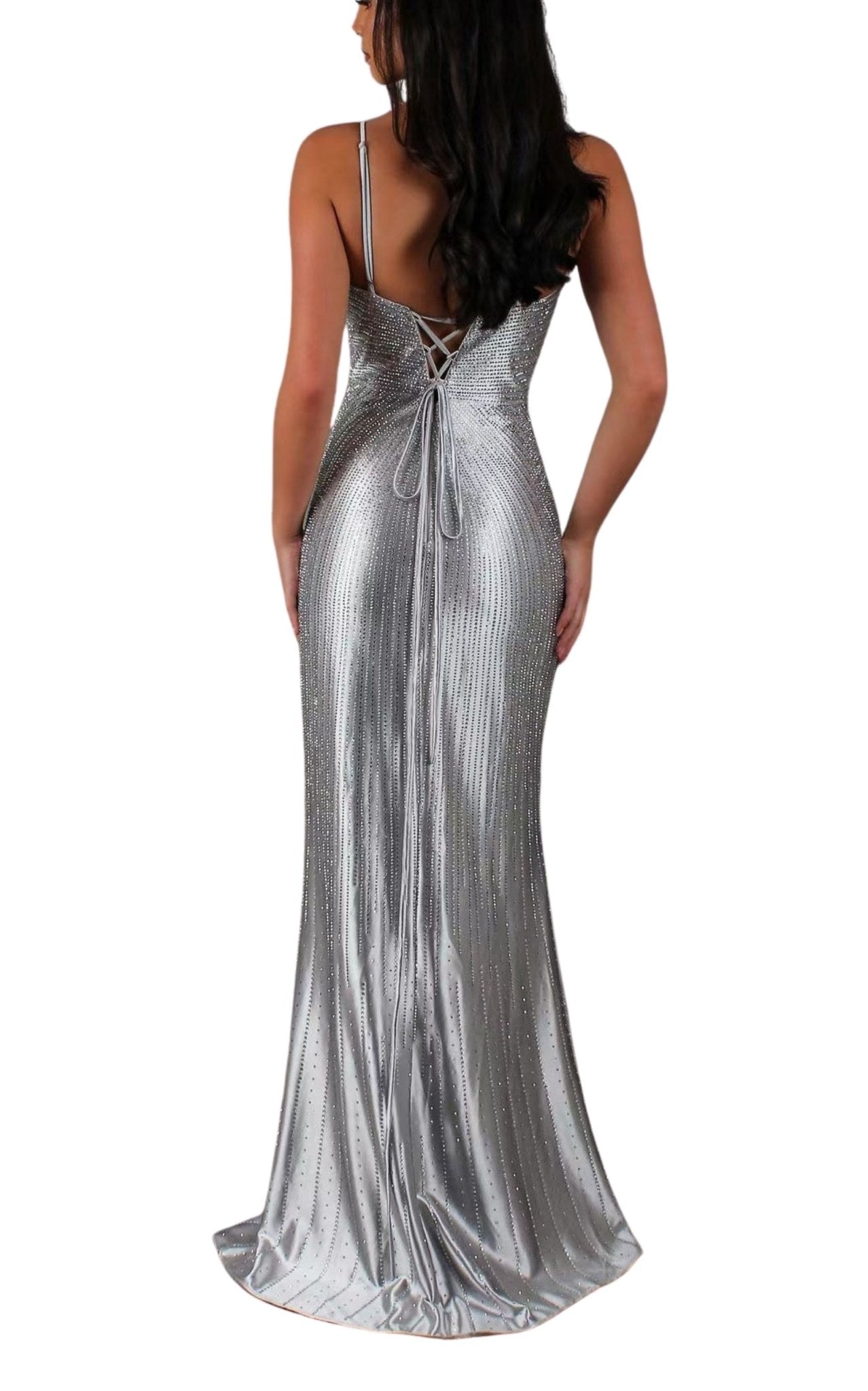 Silver rhinestone mermaid formal dress v plunge front view on a model posing