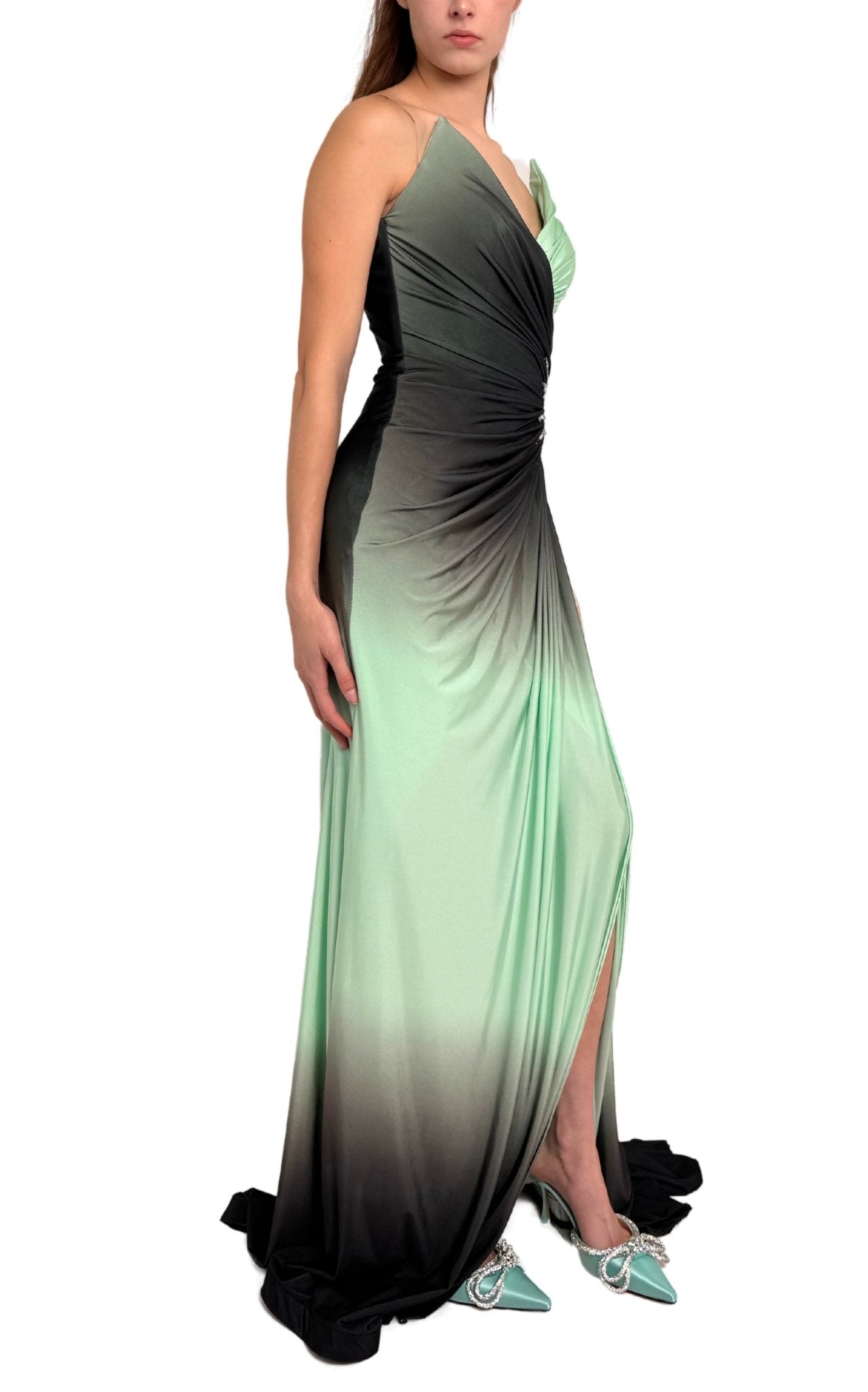 Dekolte Rhinestone Embellished Green Ombre Party Dress - Runway Catalog