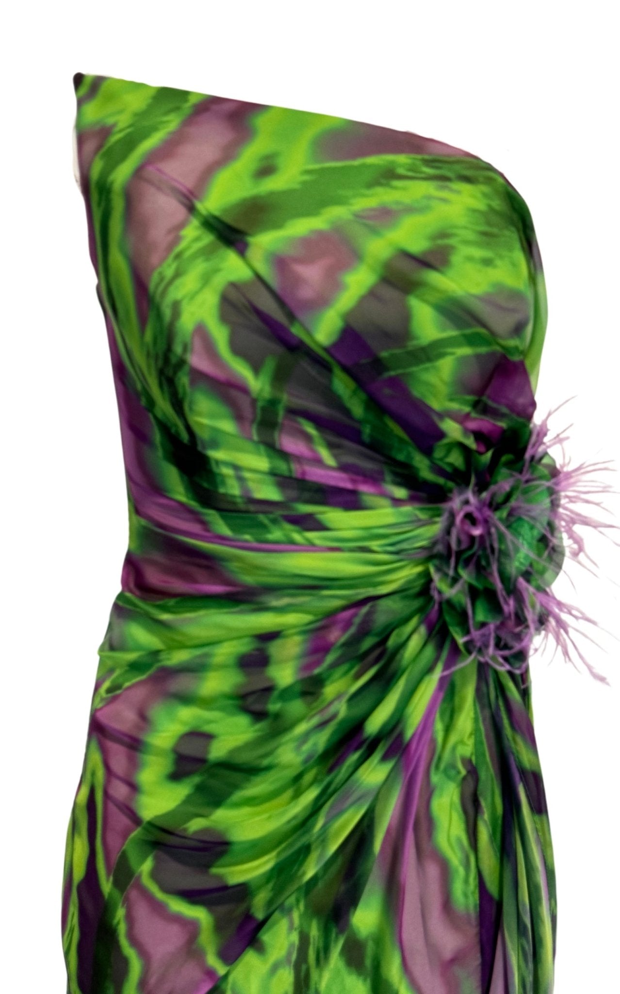 Robe de soirée décolletée sans bretelles, imprimé vert et violet - Catalogue Runway