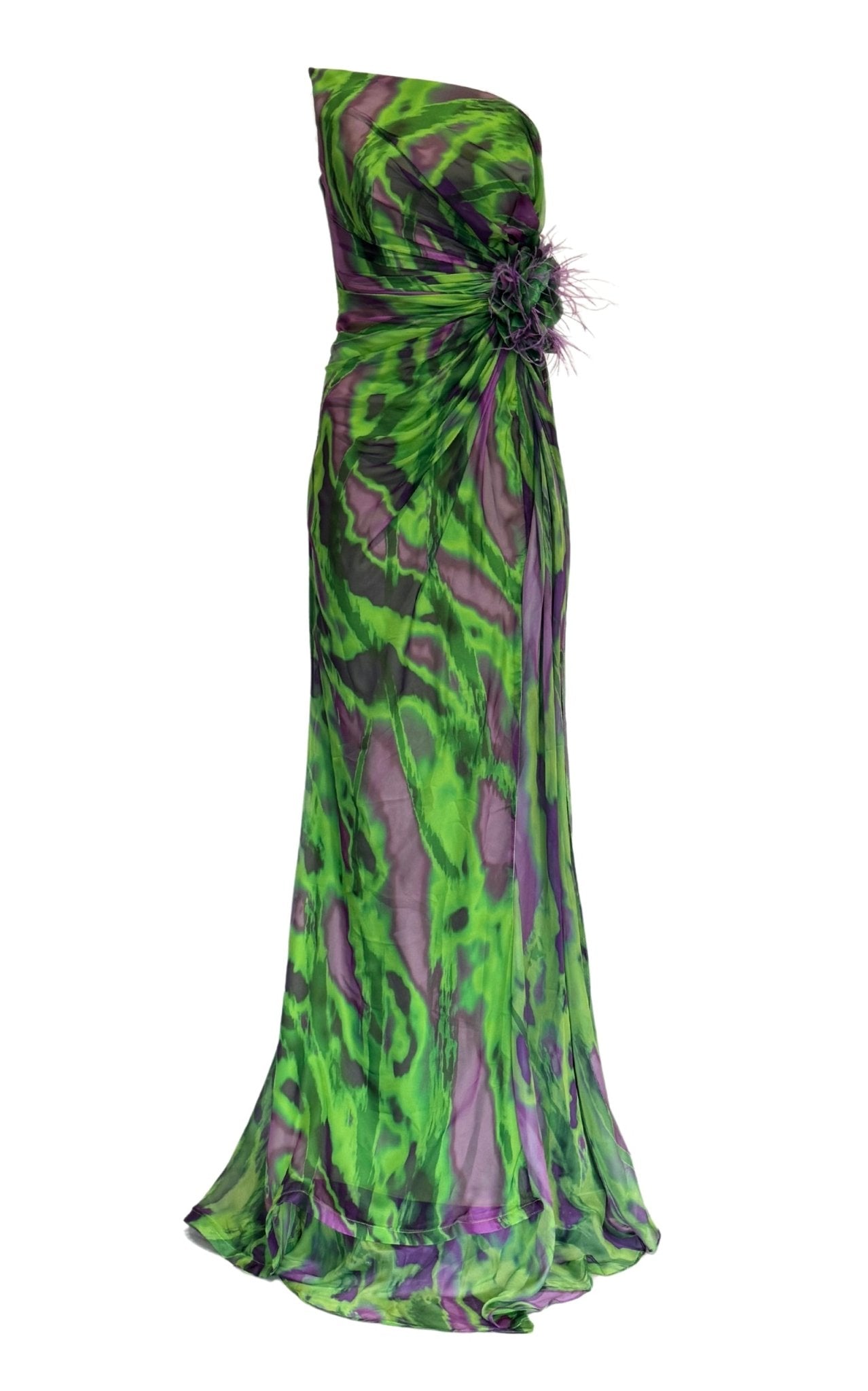 Robe de soirée décolletée sans bretelles, imprimé vert et violet - Catalogue Runway