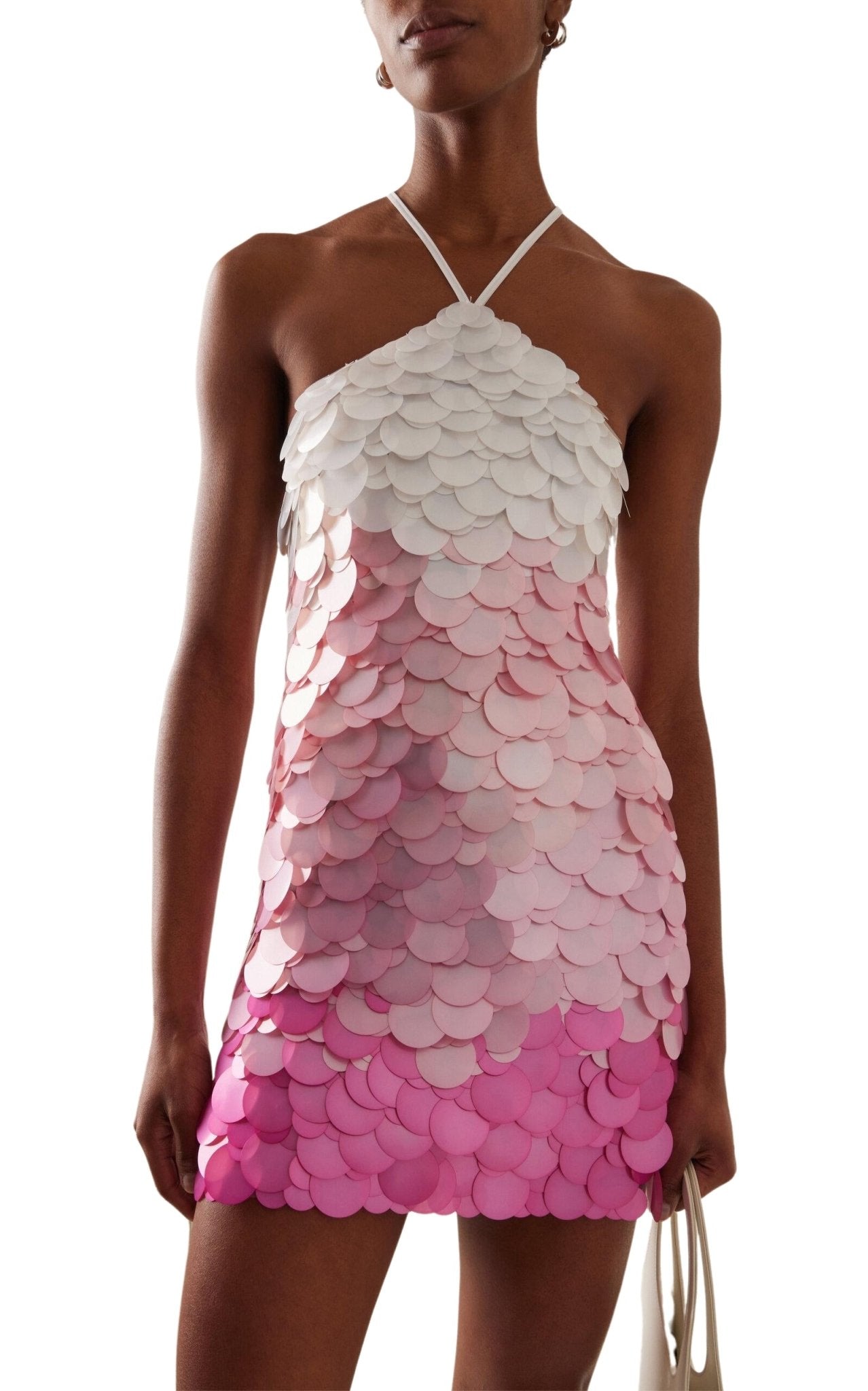 DES_PHEMMES Pink Paillette - sequined Mesh Halter Mini Dress - Runway Catalog