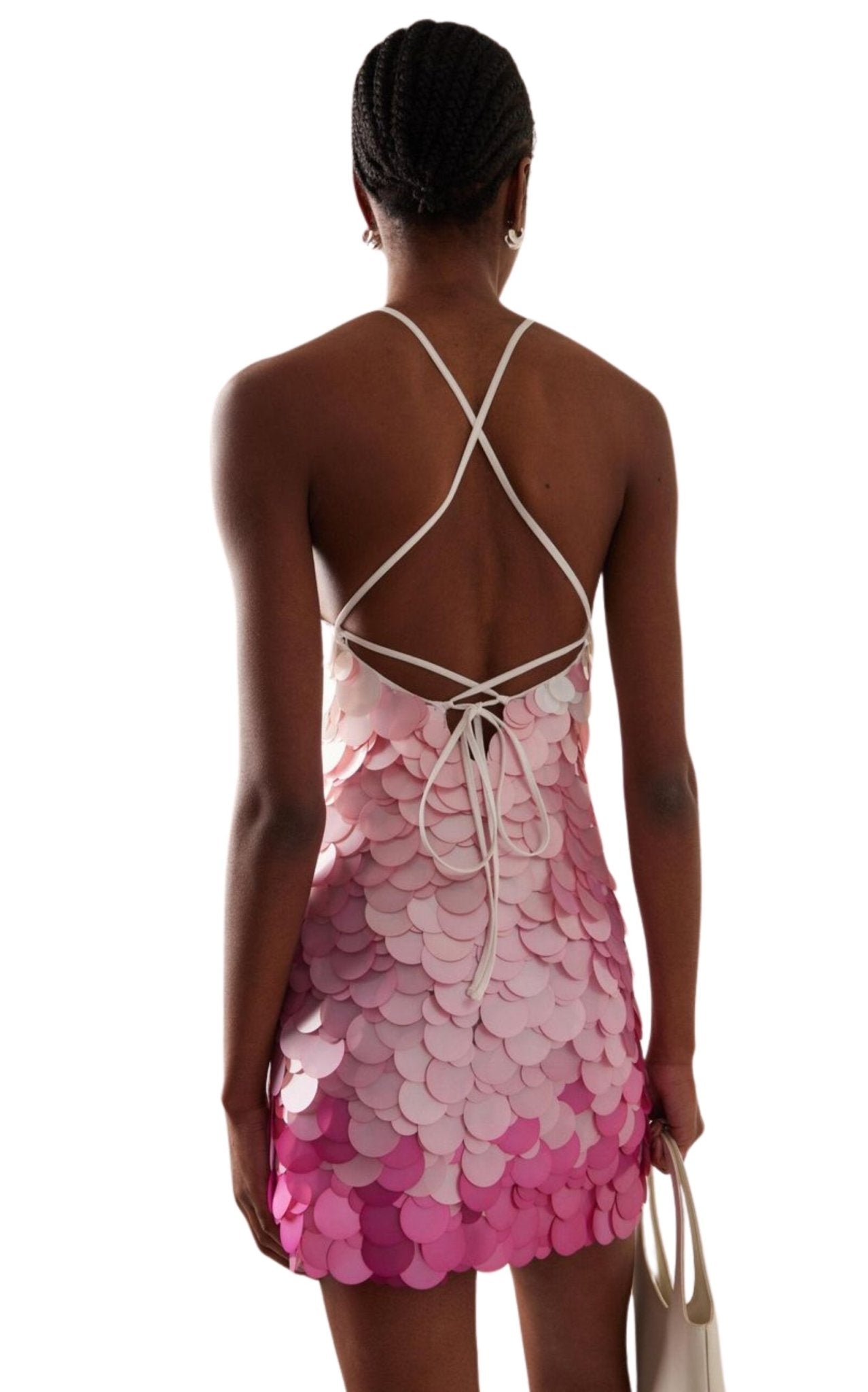 DES_PHEMMES Pink Paillette - sequined Mesh Halter Mini Dress - Runway Catalog