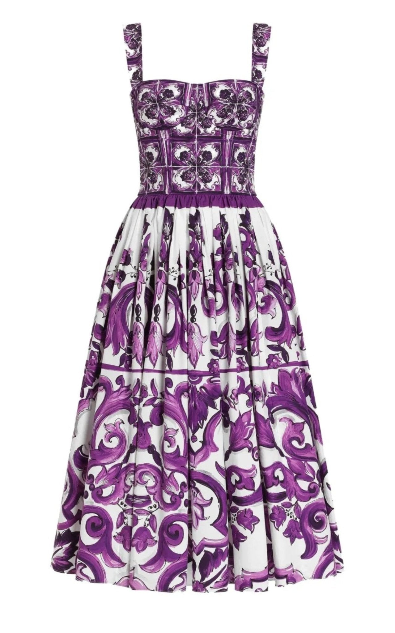 Dolce & Gabbana Majolica-print cotton dress in purple with flared skirt