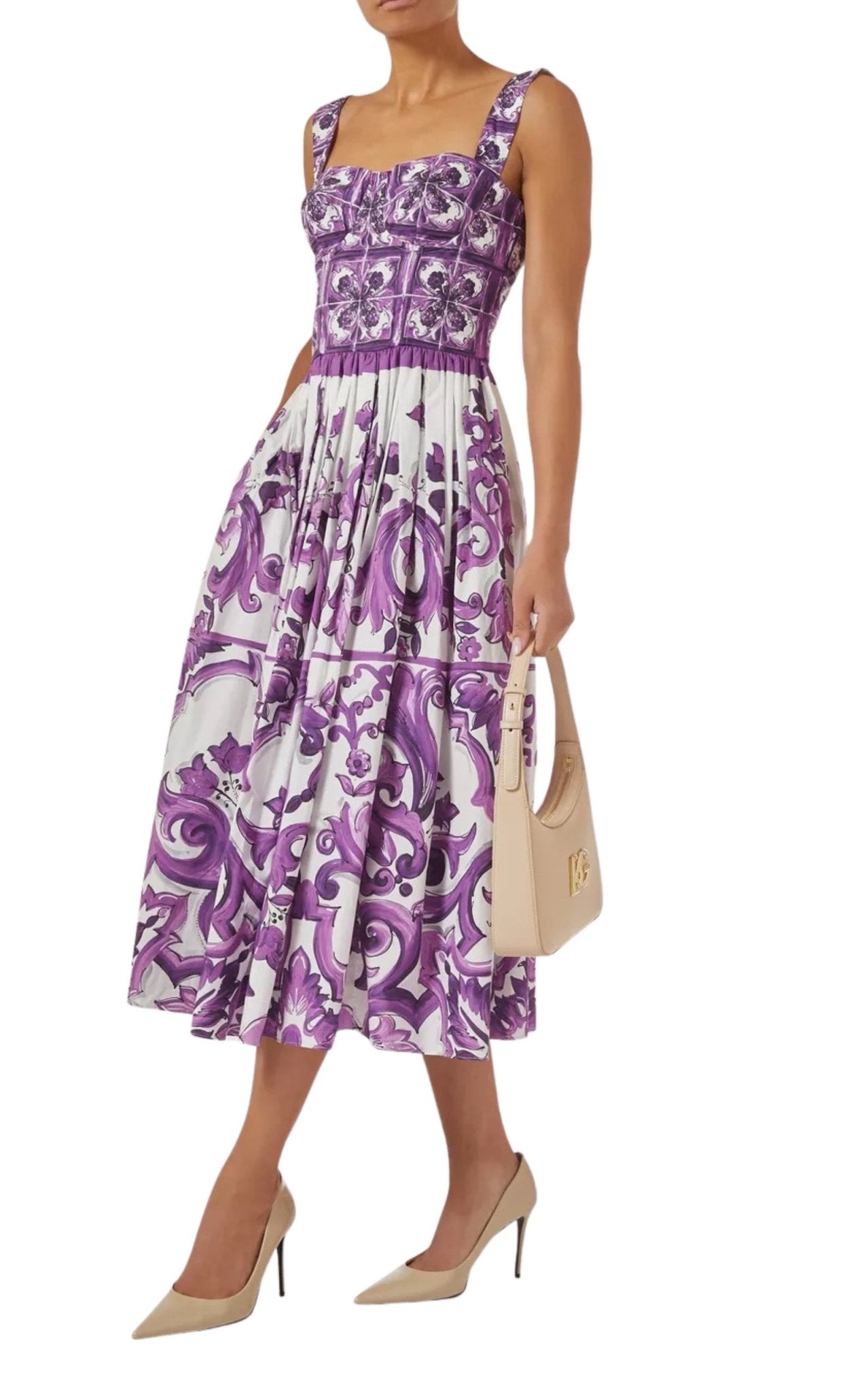 Side view of Dolce & Gabbana Majolica cotton dress with fitted bodice