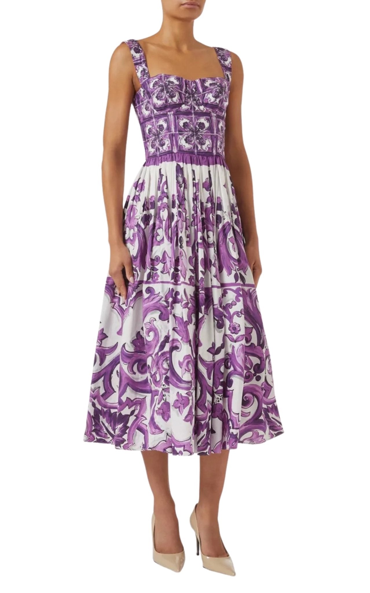 Dolce & Gabbana Majolica-print cotton dress in purple with flared skirt on a model