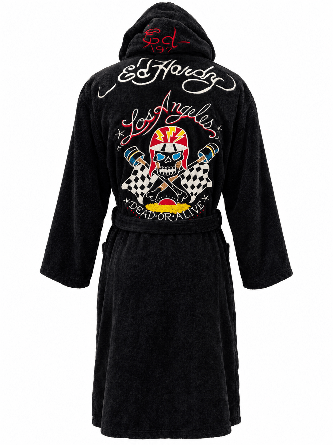 A black hooded bathrobe with a large embroidered Ed Hardy Los Angeles graphic on the back, featuring a skull in a racing helmet, crossed checkered flags, and the text 'Ed Hardy', 'Los Angeles', and 'Dead or Alive'.