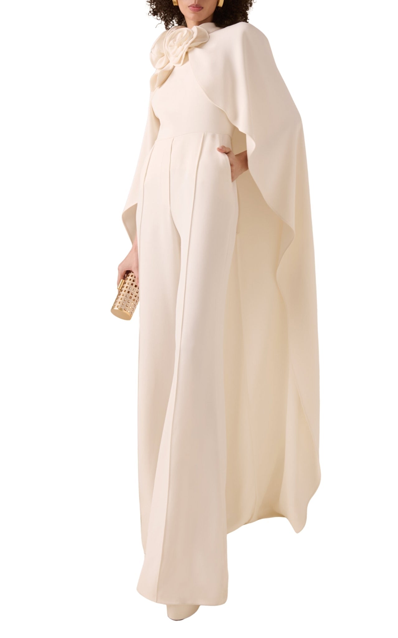 Elie Saab powder white cape detailed cady evening jumpsuit