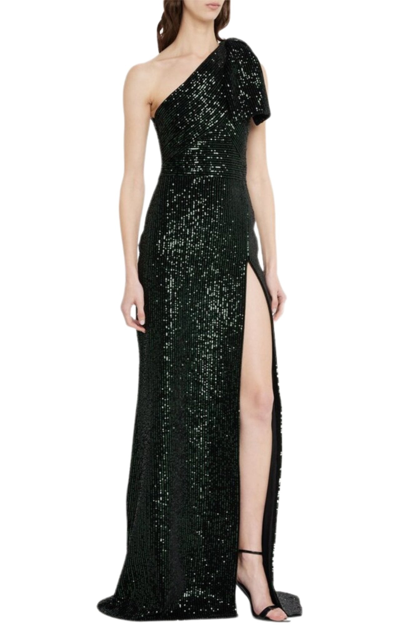 Elie Saab Robe asymétrique en velours vert à paillettes - Catalogue défilé