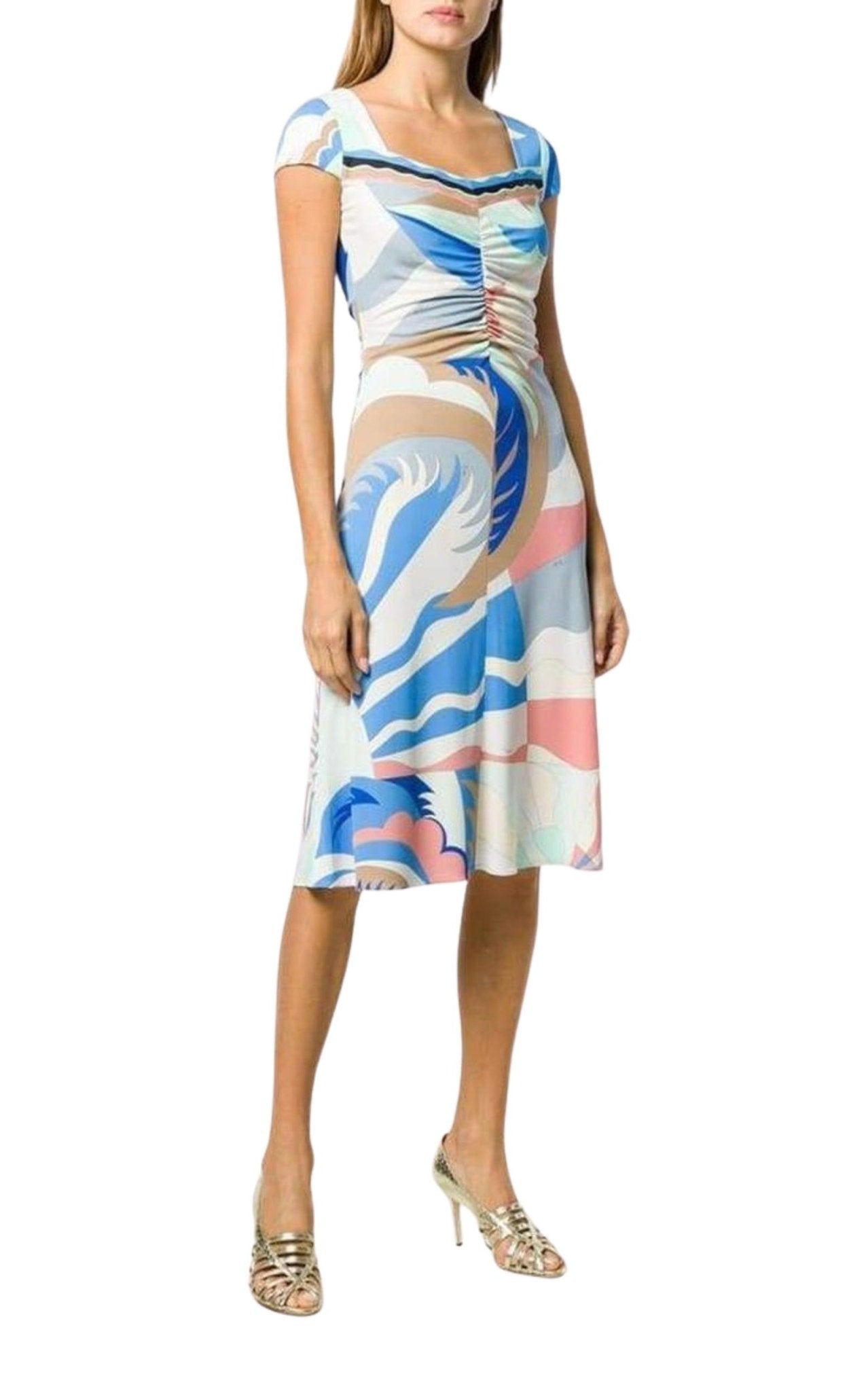 Emilio Pucci Blue Acapulco Print Gathered Silk Blend Dress - Runway Catalog