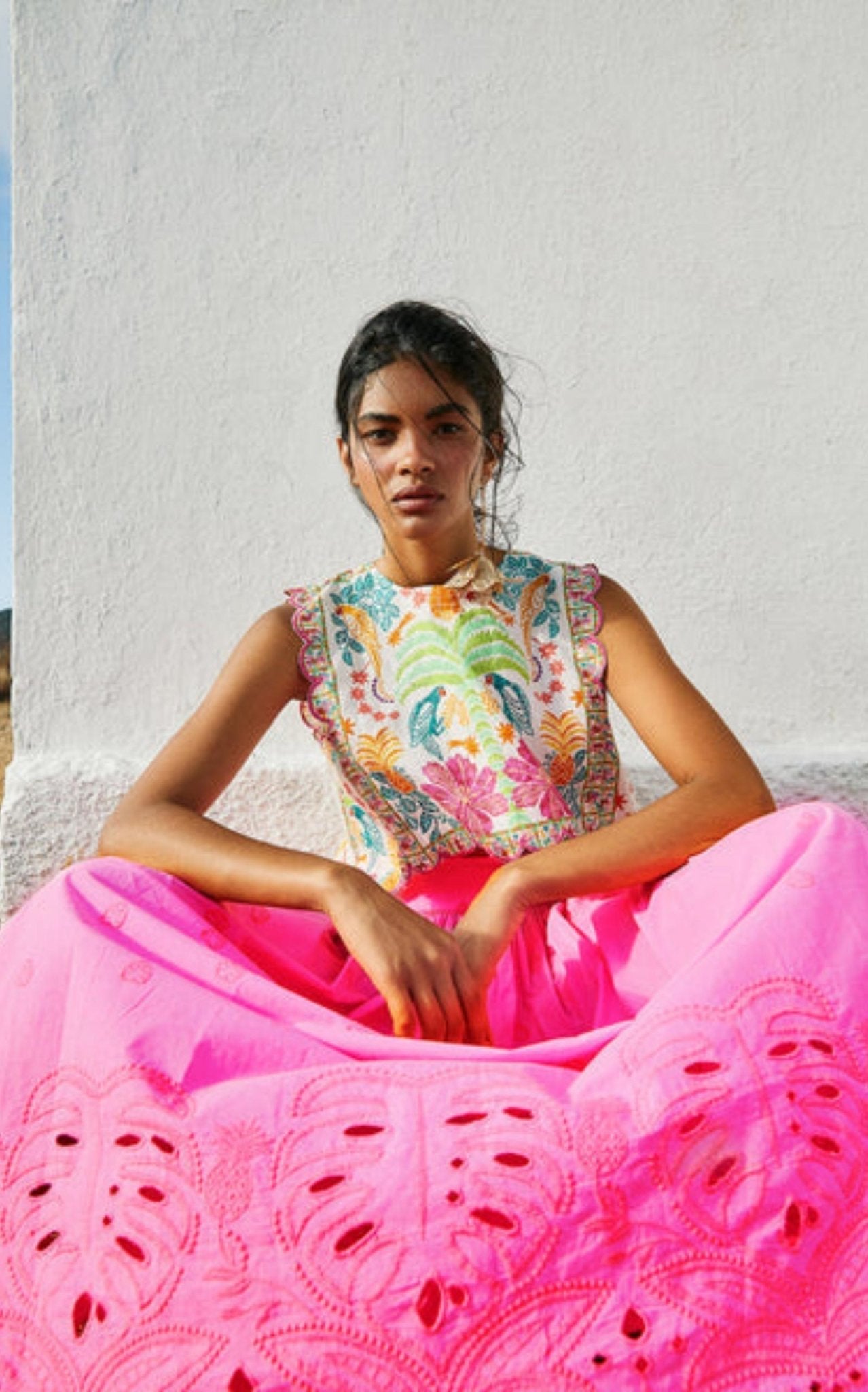 Farm Rio Scalloped Broderie Anglaise Cotton - poplin Maxi Skirt - Runway Catalog