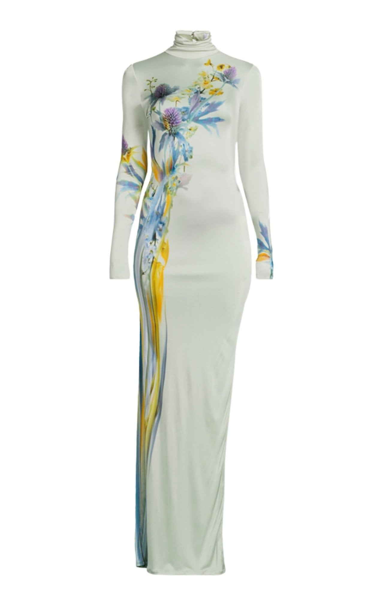 Galvan thistle print liquid jersey gown with high neckline and long sleeves, floor-length silhouette, front view