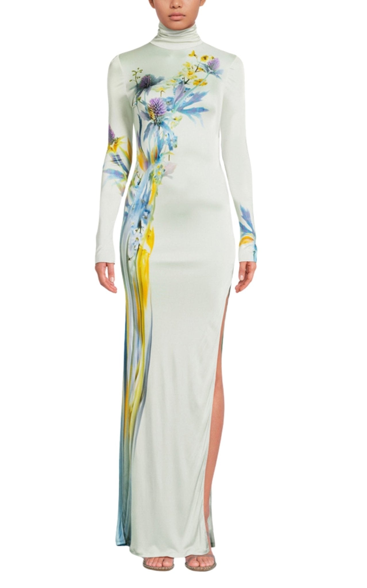 Galvan thistle print liquid jersey gown with high neckline and long sleeves, floor-length silhouette, front view