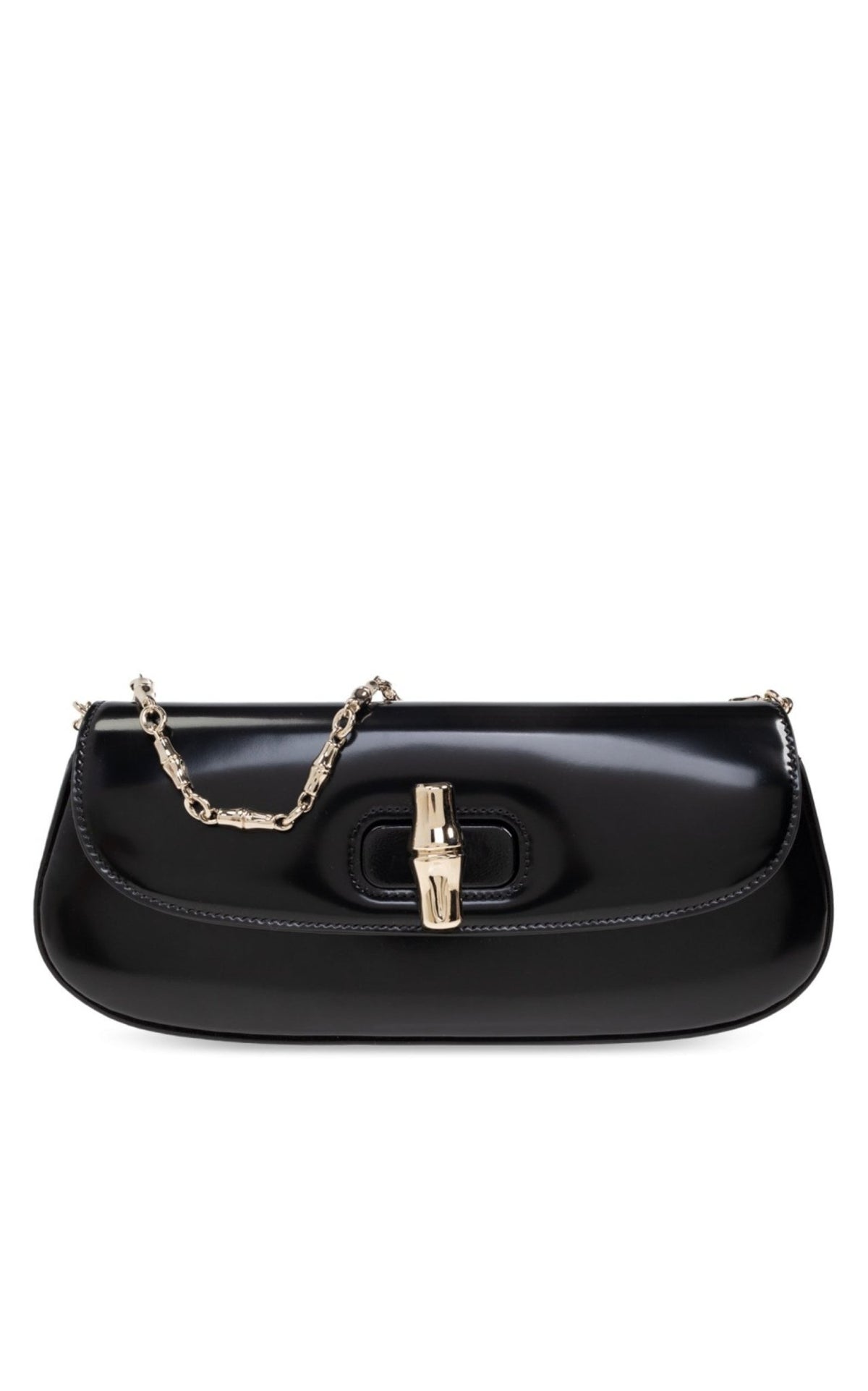 Gucci Bamboo Night small black shiny leather shoulder bag with bamboo closure and chain strap