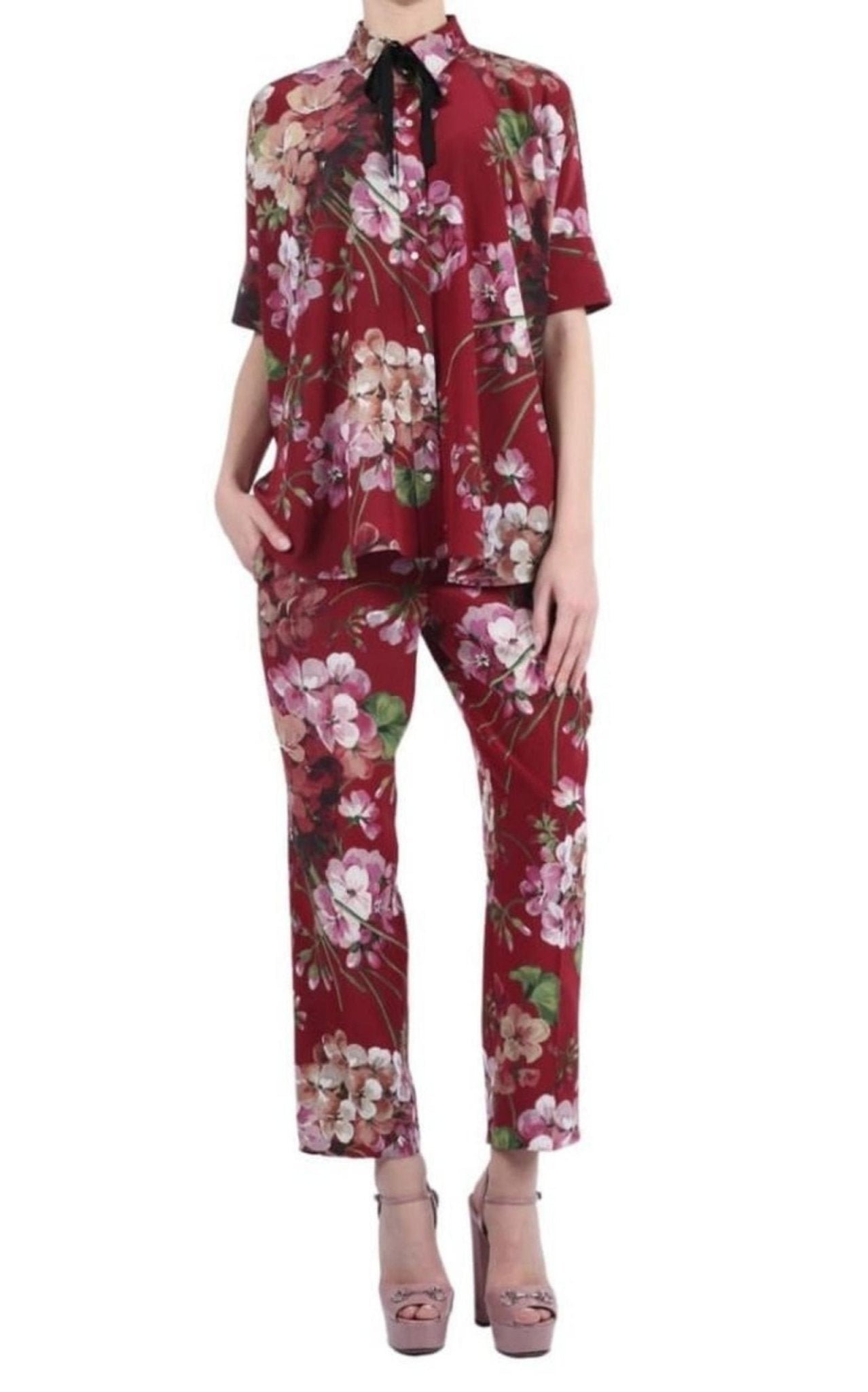Gucci Blooms Print Silk Pyjama Pants in Burgundy - Runway Catalog