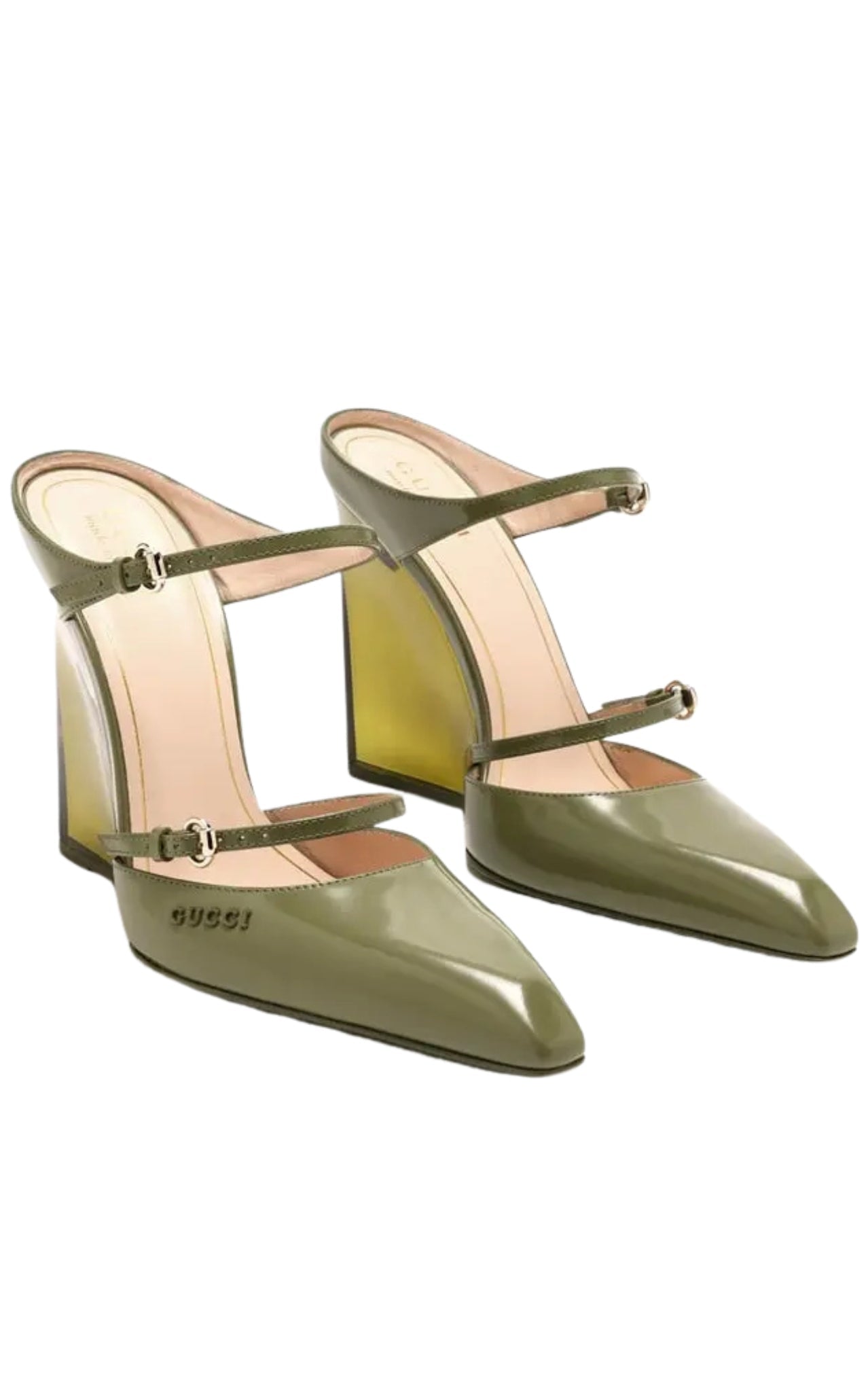 Gucci’s Christy 110 wedge mules in green