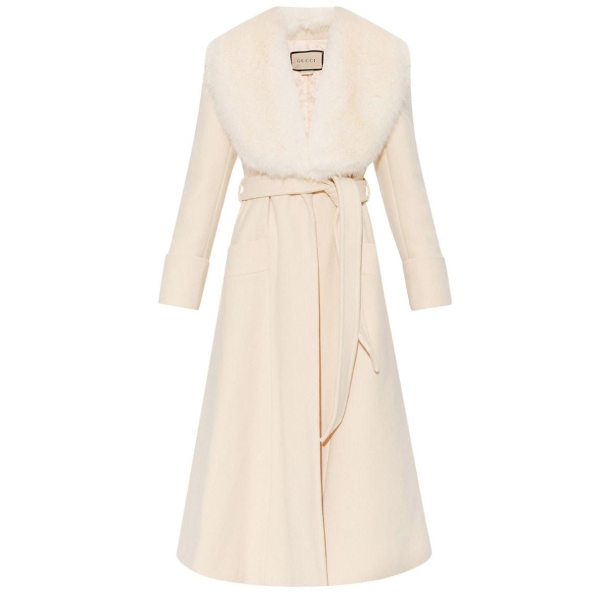 Gucci Cosmogonie Manteau en laine mélangée avec ceinture en fausse fourrure - Catalogue défilé