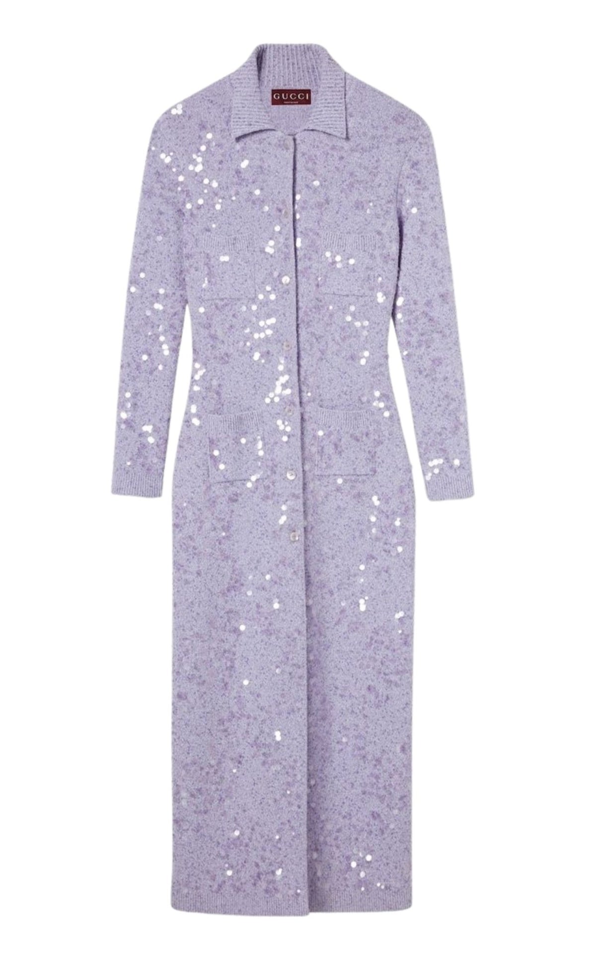 Gucci purple embroidered sequin polo midi dress with long sleeves and button fastening