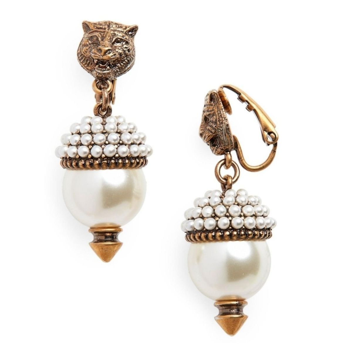 Gucci Feline Head Pearl Drop Earrings - Runway Catalog