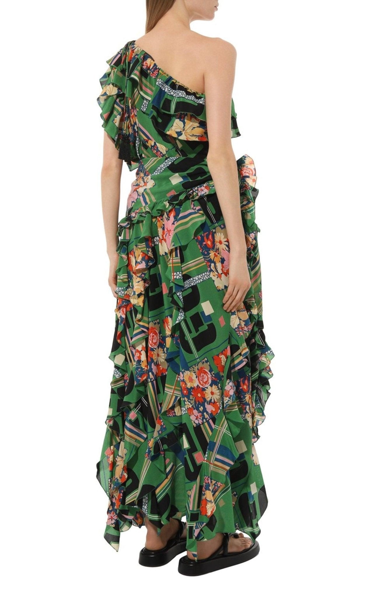 Gucci Green Floral Check - Print Ruffled Silk Gown - Runway Catalog