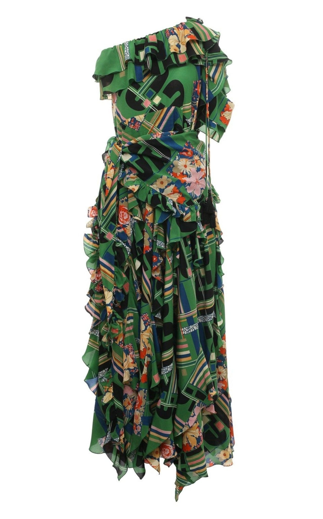 Gucci Green Floral Check - Print Ruffled Silk Gown - Runway Catalog