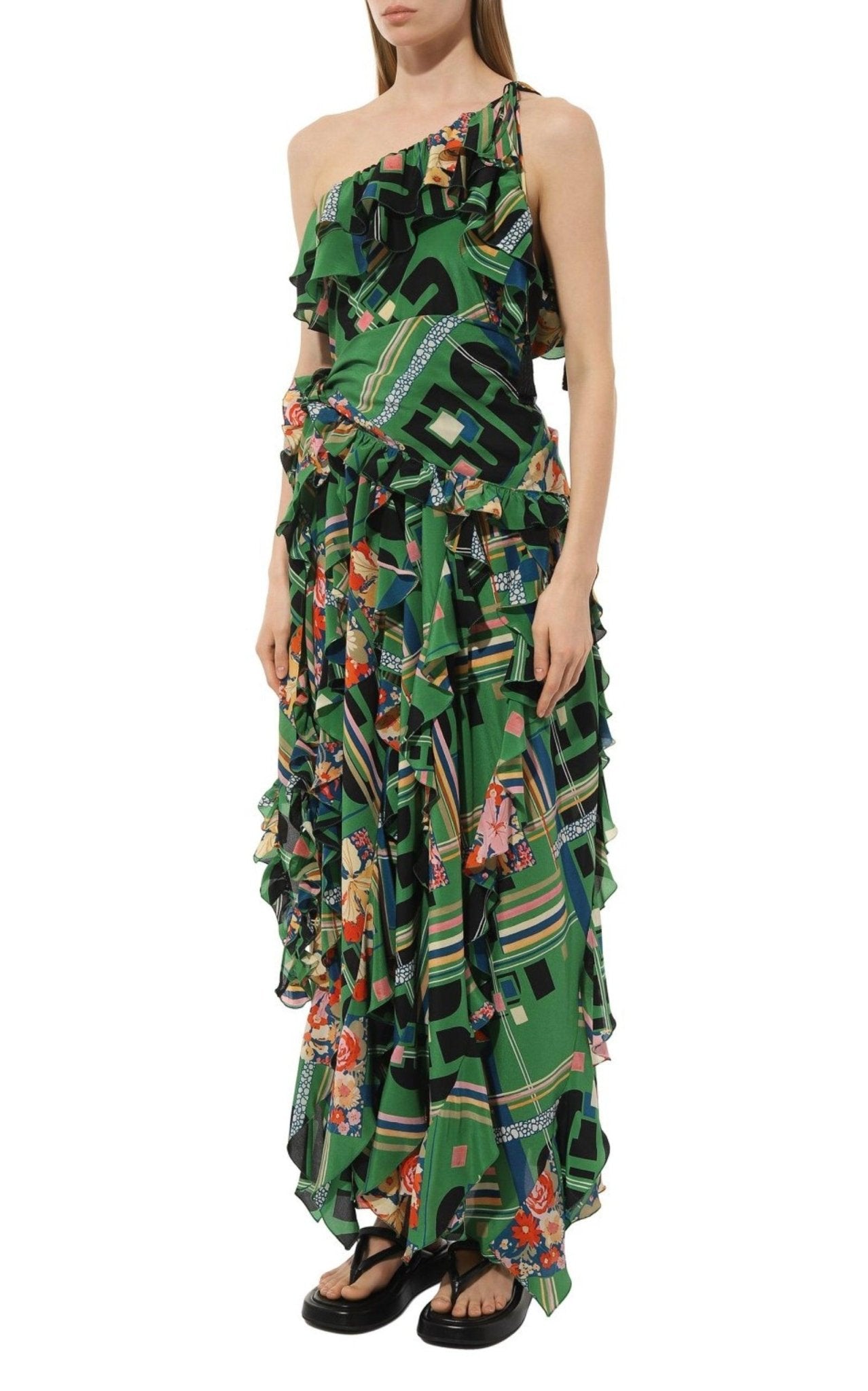 Gucci Green Floral Check - Print Ruffled Silk Gown - Runway Catalog