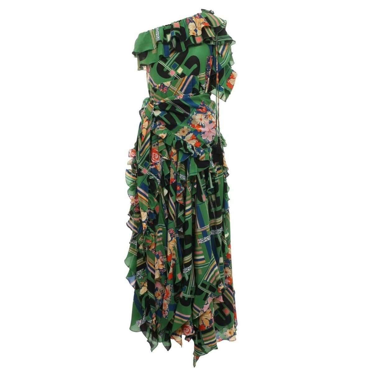 Gucci Green Floral Check - Print Ruffled Silk Gown - Runway Catalog