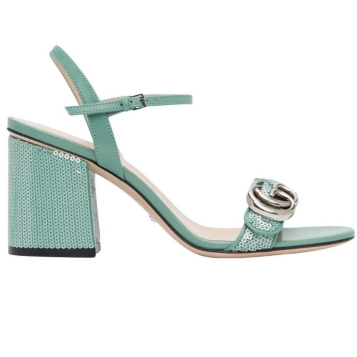 Gucci Green Sequin GG Marmont Mid Heeled Sandals - Runway Catalog