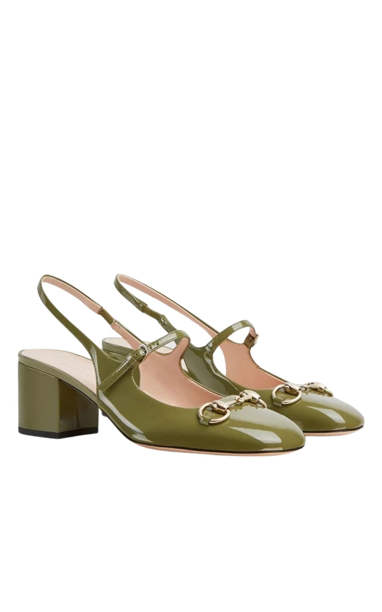Gucci Horsebit 55 green patent leather slingback pumps