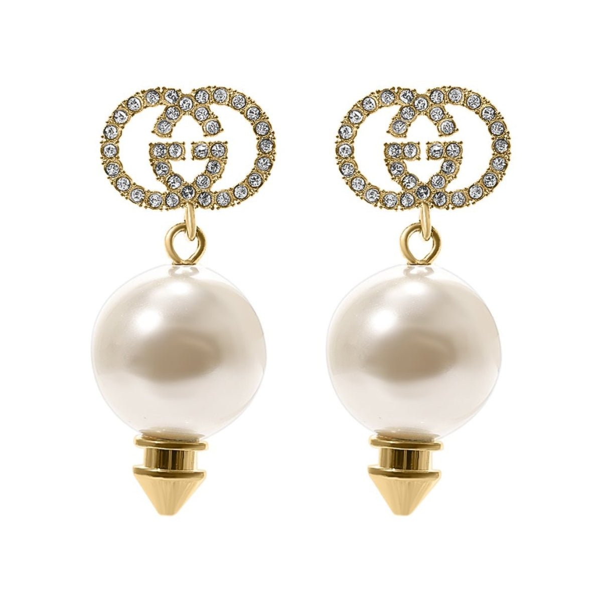 Gucci Interlocking G pearl crystal drop earrings gold tone