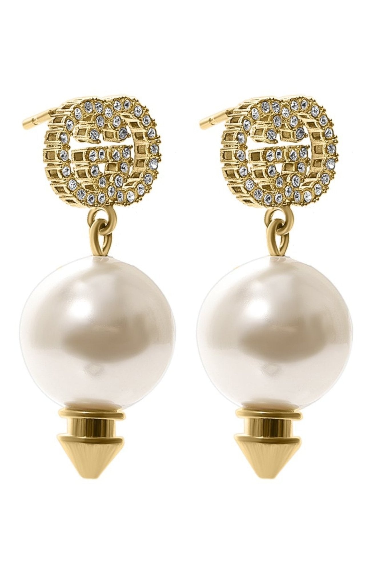 Gucci Interlocking G pearl crystal drop earrings gold tone