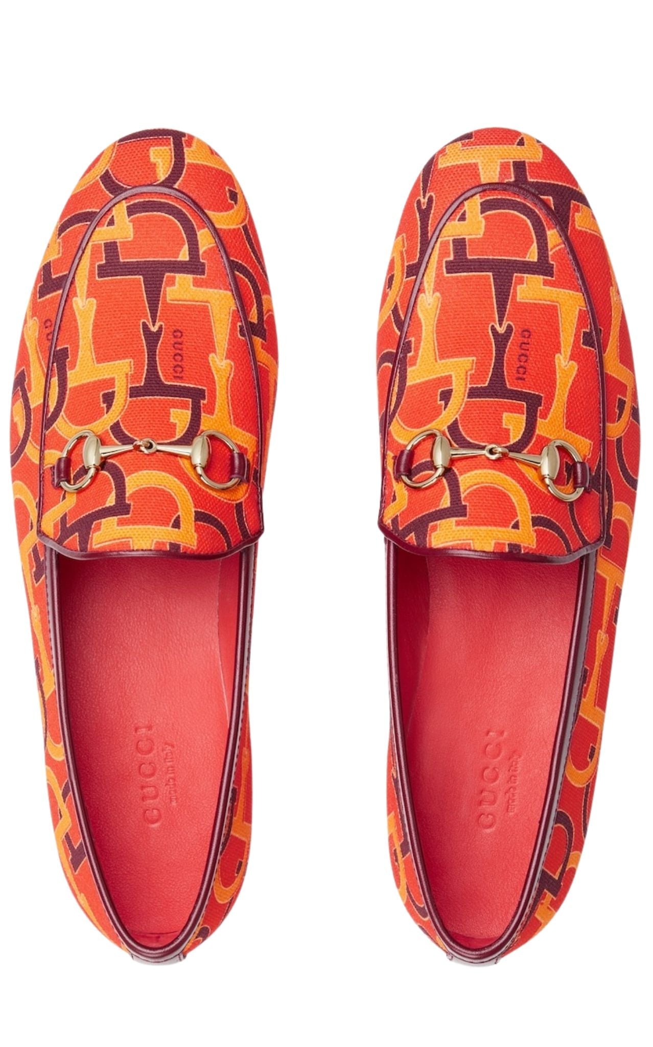 Gucci orange horsebit logo-print canvas loafers with gold-tone hardware