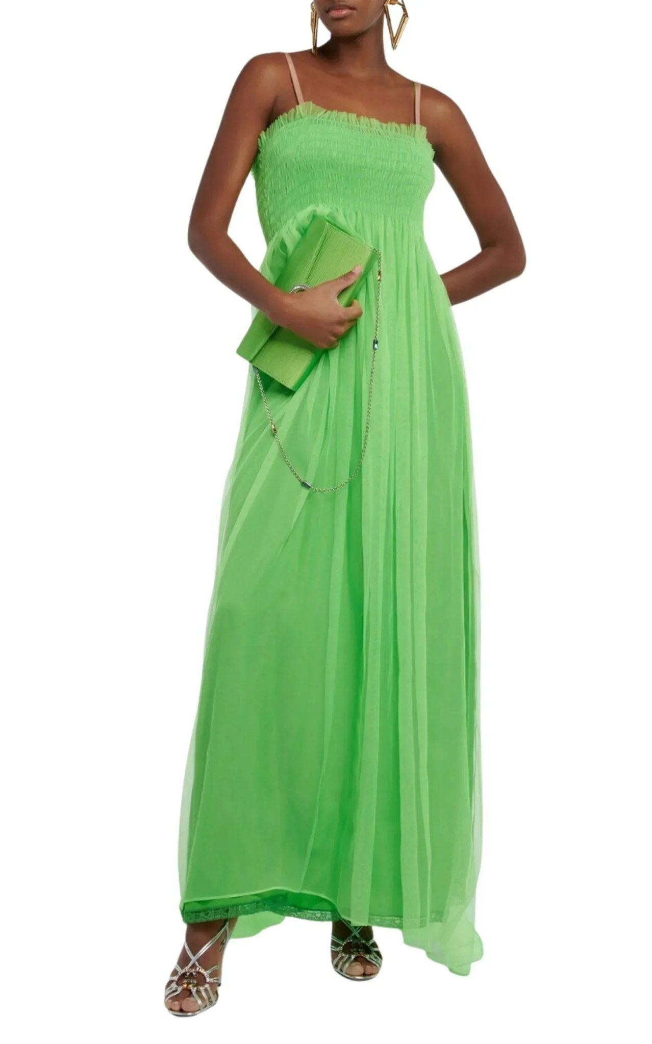 Gucci Kiwi Green Shirred Bodice Smocked Silk Gown - Runway Catalog