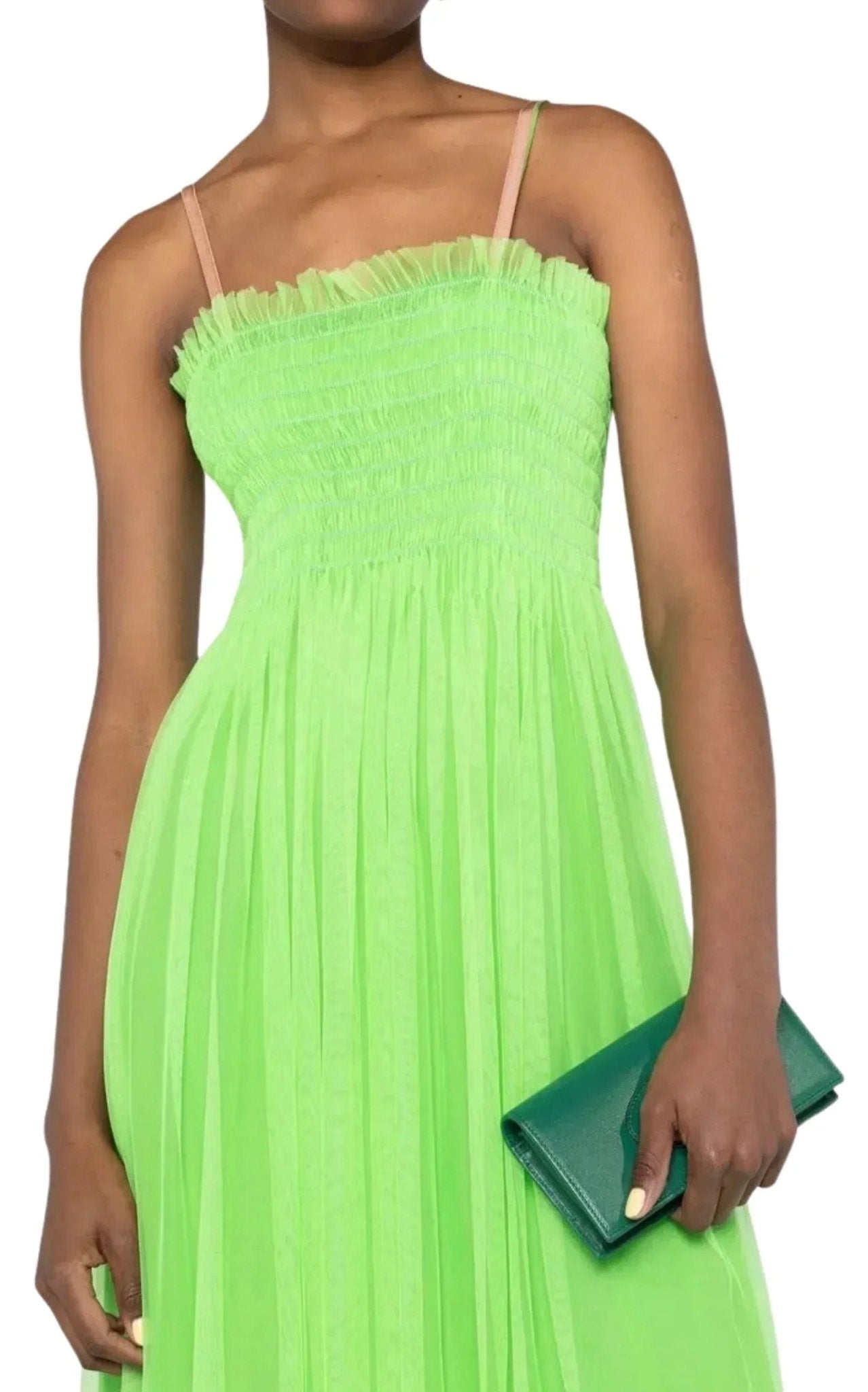 Gucci Kiwi Green Shirred Bodice Smocked Silk Gown - Runway Catalog