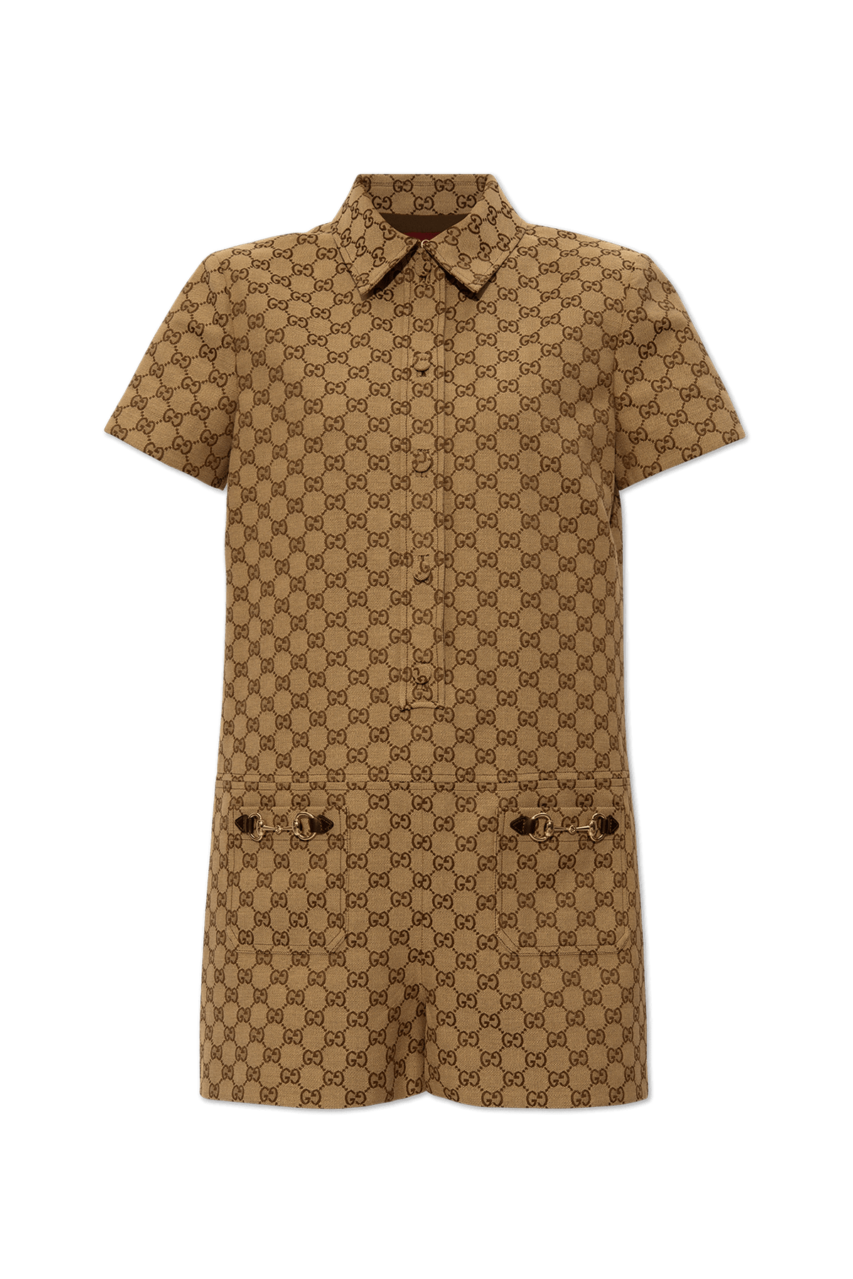 Gucci short-sleeve collared romper featuring an all-over brown and beige GG monogram pattern, with two front flap pockets, shown on a plain white background.