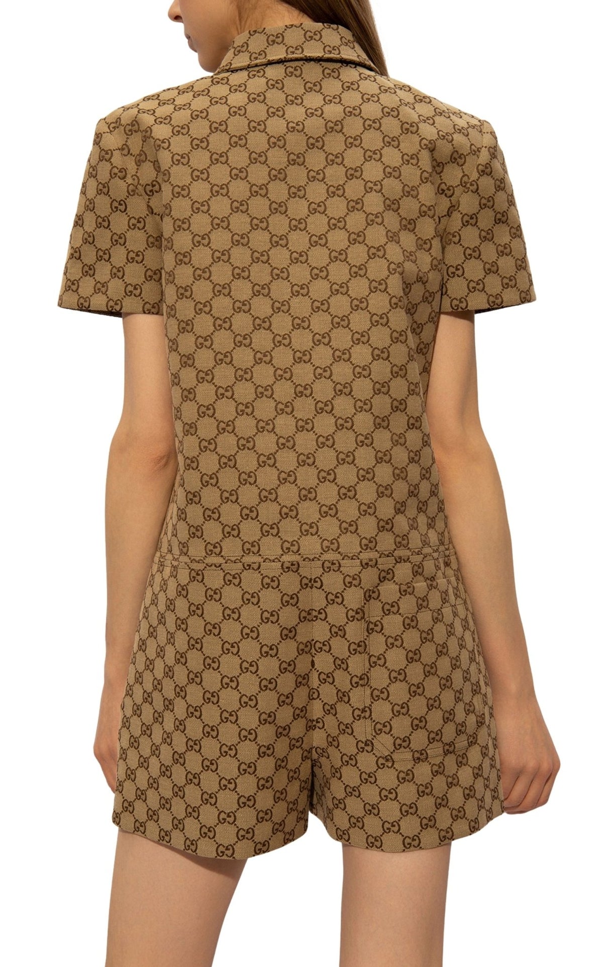 Gucci camel and ebony Original GG canvas jumpsuit with gold Horsebit pocket details