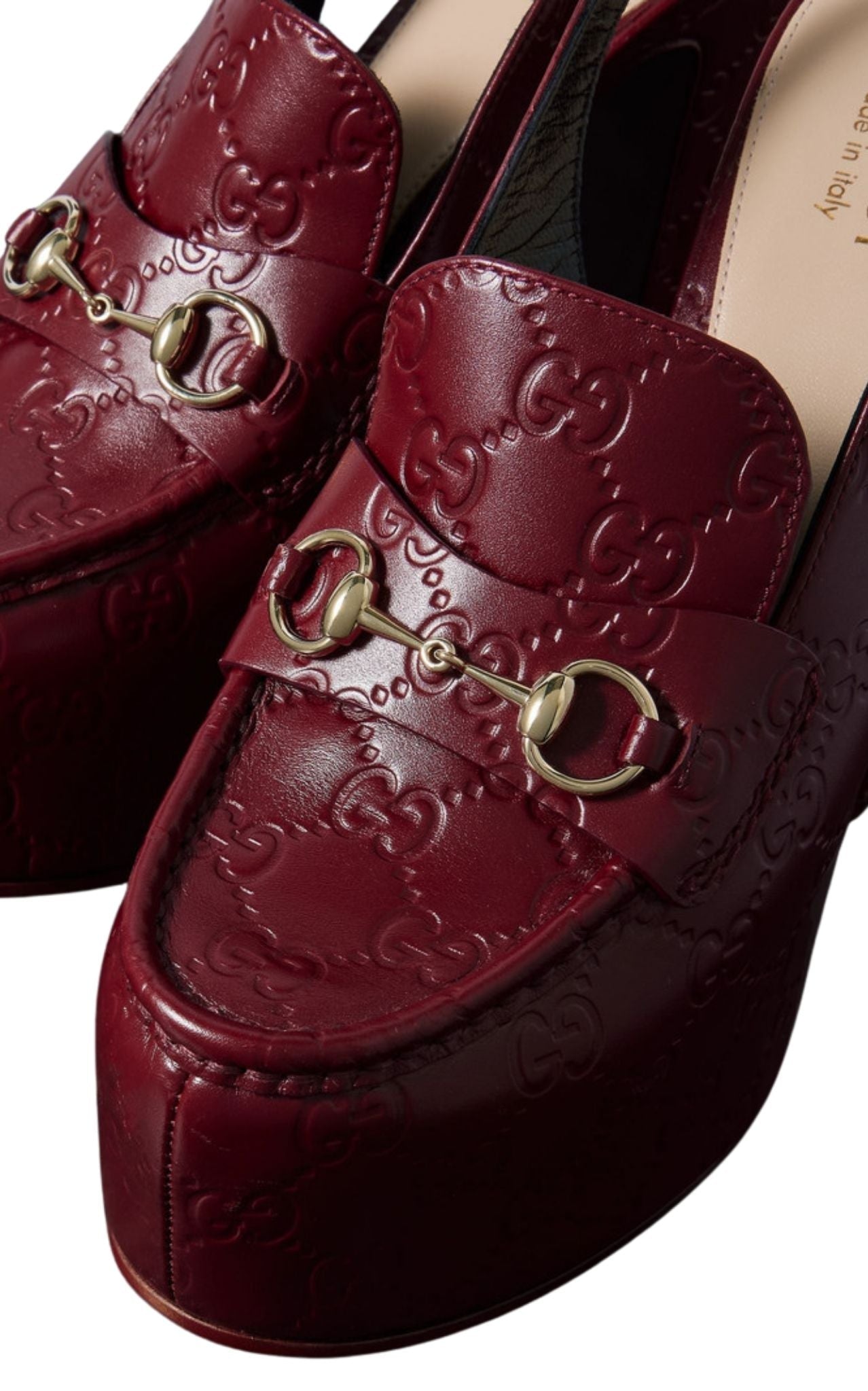 Gucci Ottavia GG platform pumps burgundy embossed leather with horsebit hardware